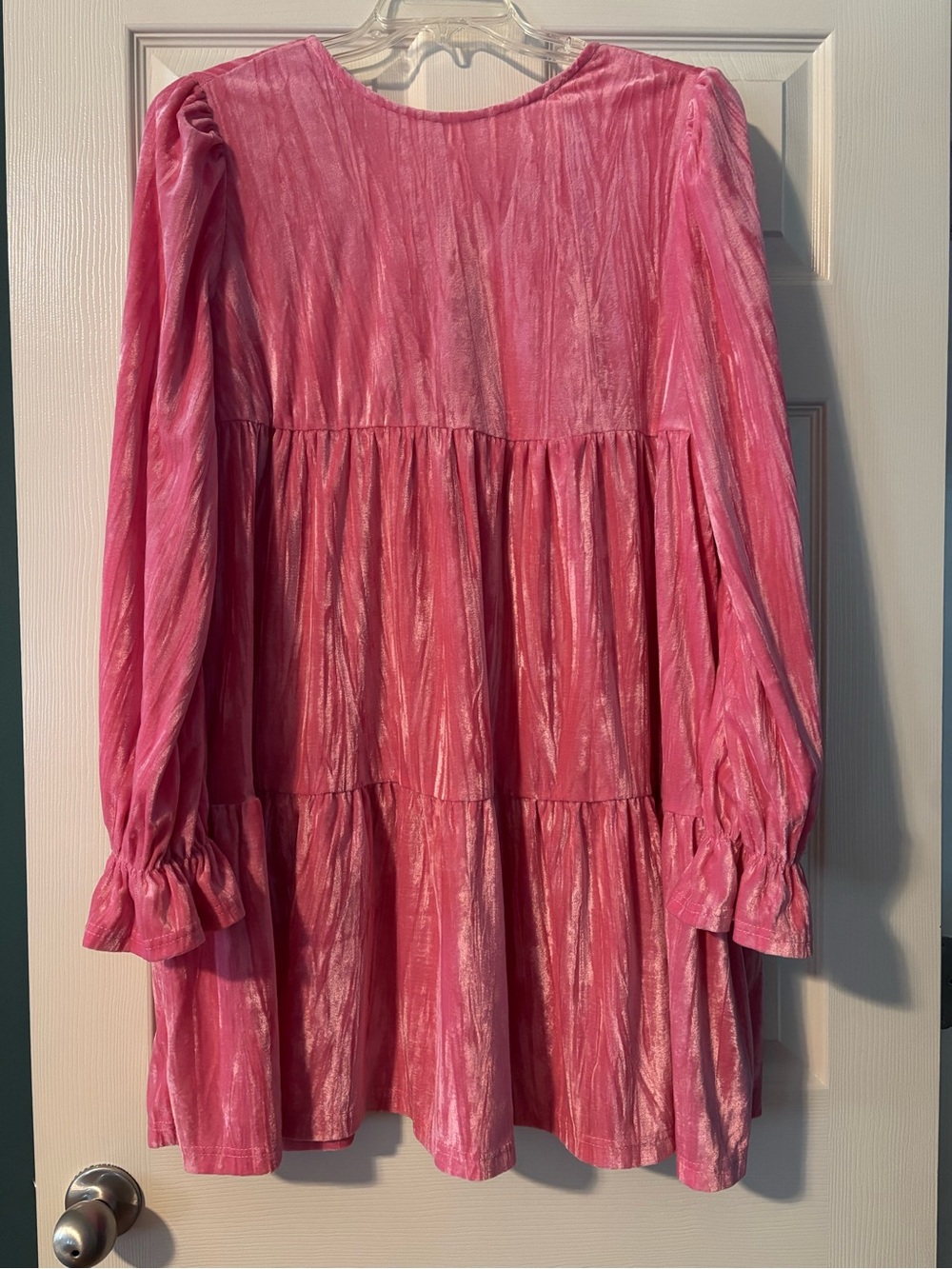 Pink Shimmer Tiered Long-Sleeve Formal Dress